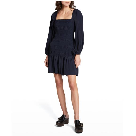 Ganni Puff Puffy Sleeve Ecovero Smocked Mini Dress Ripstop sz 36 Navy A-Line - Picture 1 of 16